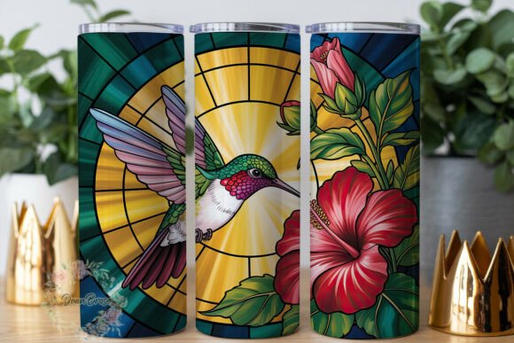 Hummingbird Hibiscus Stained Glass PNG