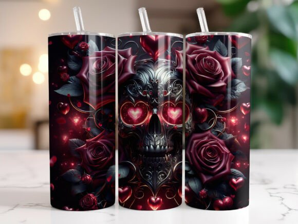 Valentines Skull Rose Heart Tumbler Wrap